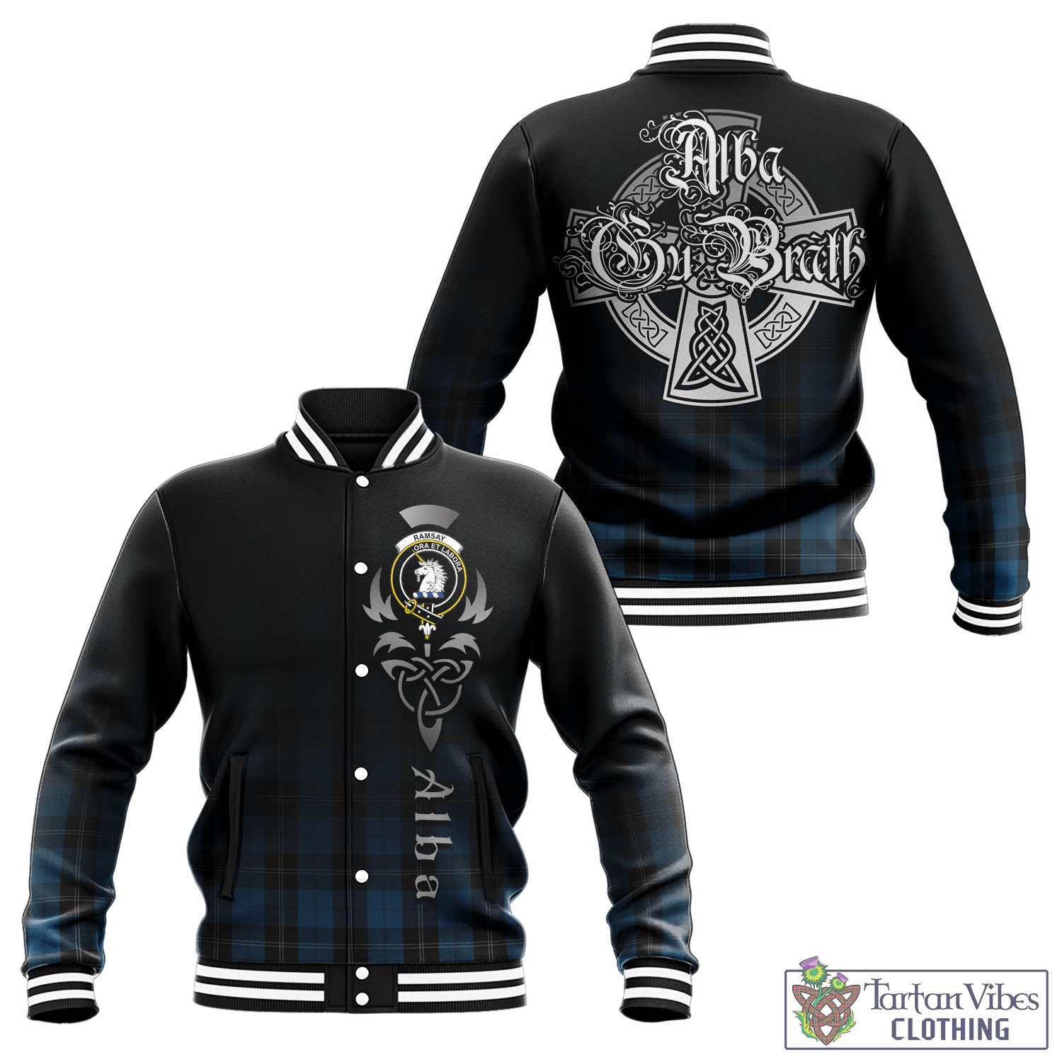 Tartan Vibes Clothing Ramsay Blue Hunting Tartan Baseball Jacket Featuring Alba Gu Brath Family Crest Celtic Inspired