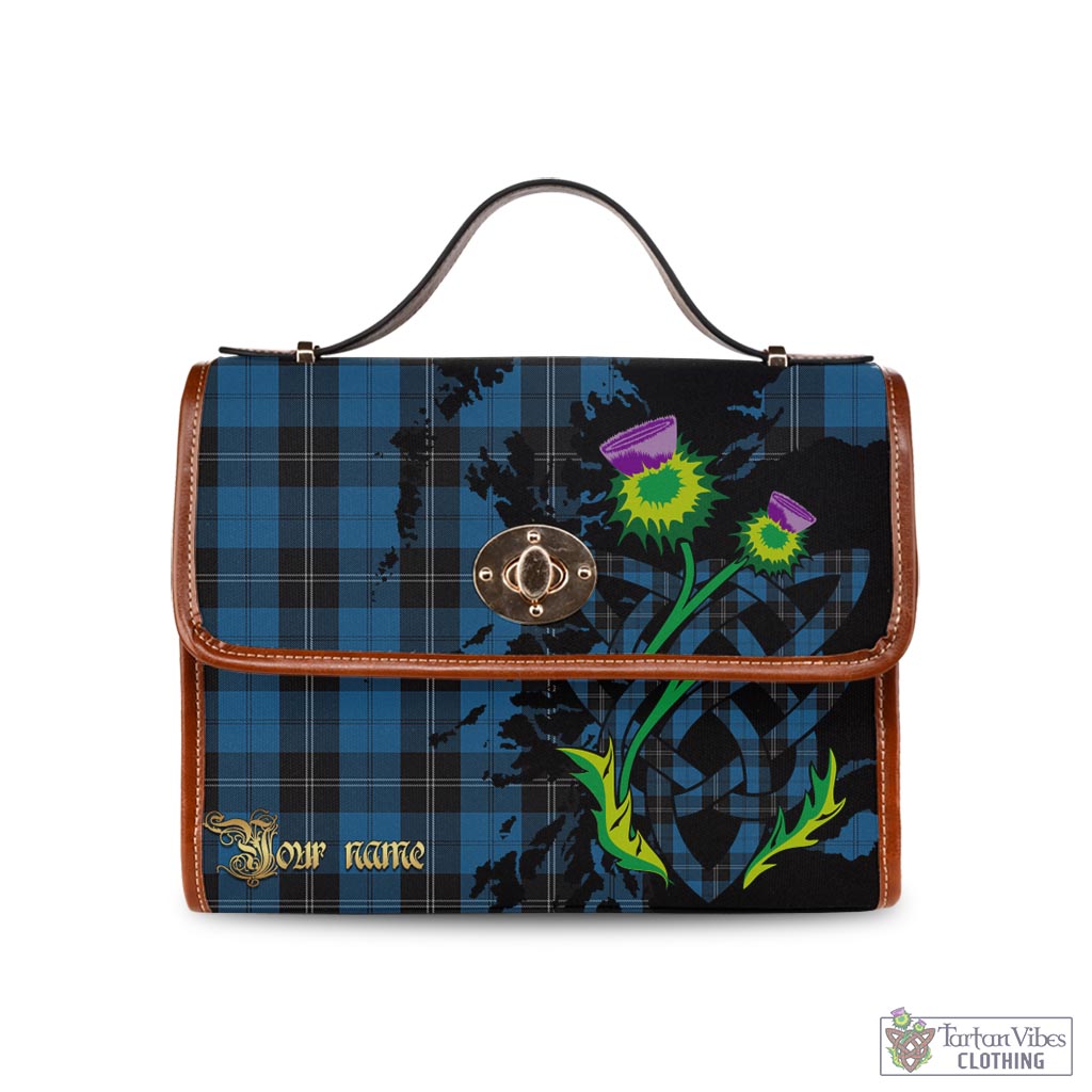 Tartan Vibes Clothing Ramsay Blue Hunting Tartan Waterproof Canvas Bag with Scotland Map and Thistle Celtic Accents