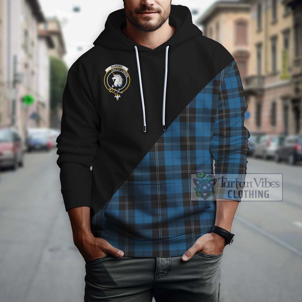 Tartan Vibes Clothing Ramsay Blue Hunting Tartan Hoodie with Family Crest and Military Logo Style