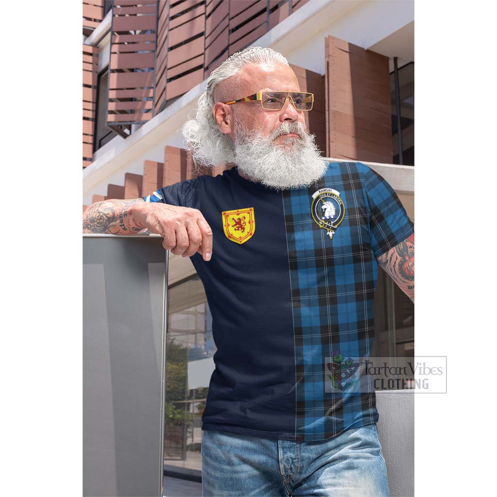 Tartan Vibes Clothing Ramsay Blue Hunting Tartan Cotton T-shirt with Scottish Lion Royal Arm Half Style