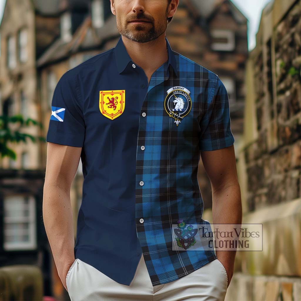 Tartan Vibes Clothing Ramsay Blue Hunting Tartan Short Sleeve Button Shirt with Scottish Lion Royal Arm Half Style