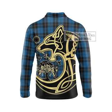 Ramsay Blue Hunting Tartan Long Sleeve Polo Shirt with Family Crest Celtic Wolf Style
