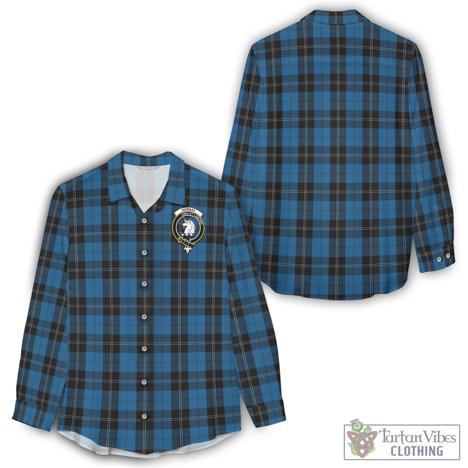 Tartan Vibes Clothing Ramsay Blue Hunting Tartan Womens Casual Shirt with Family Crest