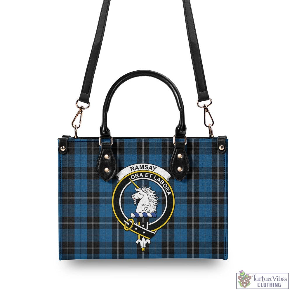 Tartan Vibes Clothing Ramsay Blue Hunting Tartan Luxury Leather Handbags with Family Crest