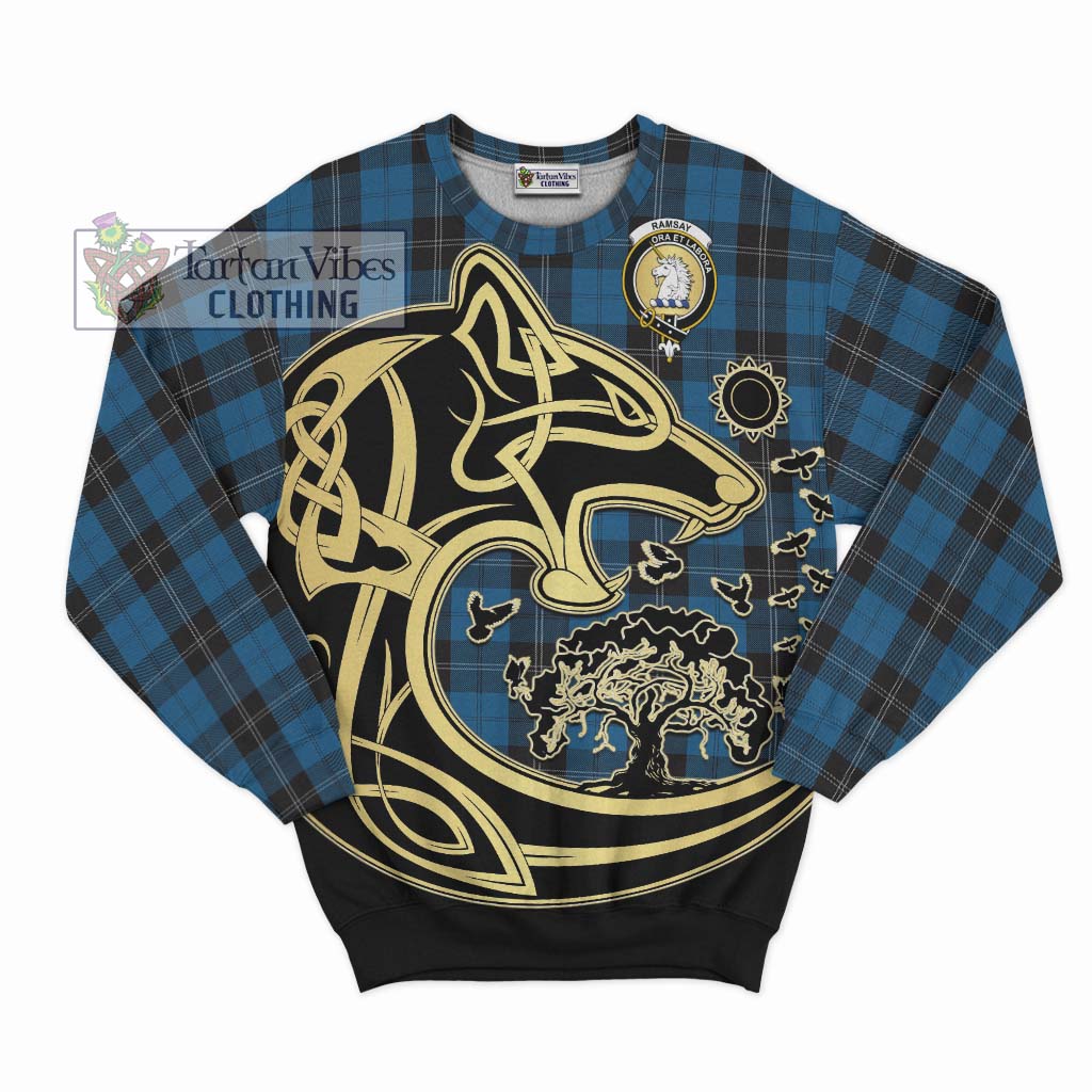 Tartan Vibes Clothing Ramsay Blue Hunting Tartan Sweatshirt with Family Crest Celtic Wolf Style