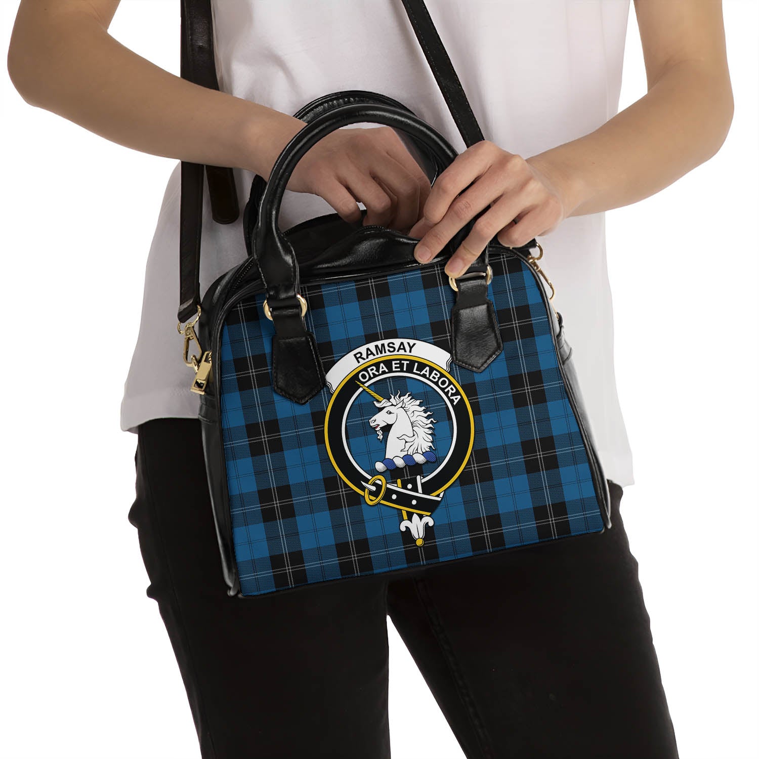 Ramsay Blue Hunting Tartan Shoulder Handbags with Family Crest - Tartanvibesclothing