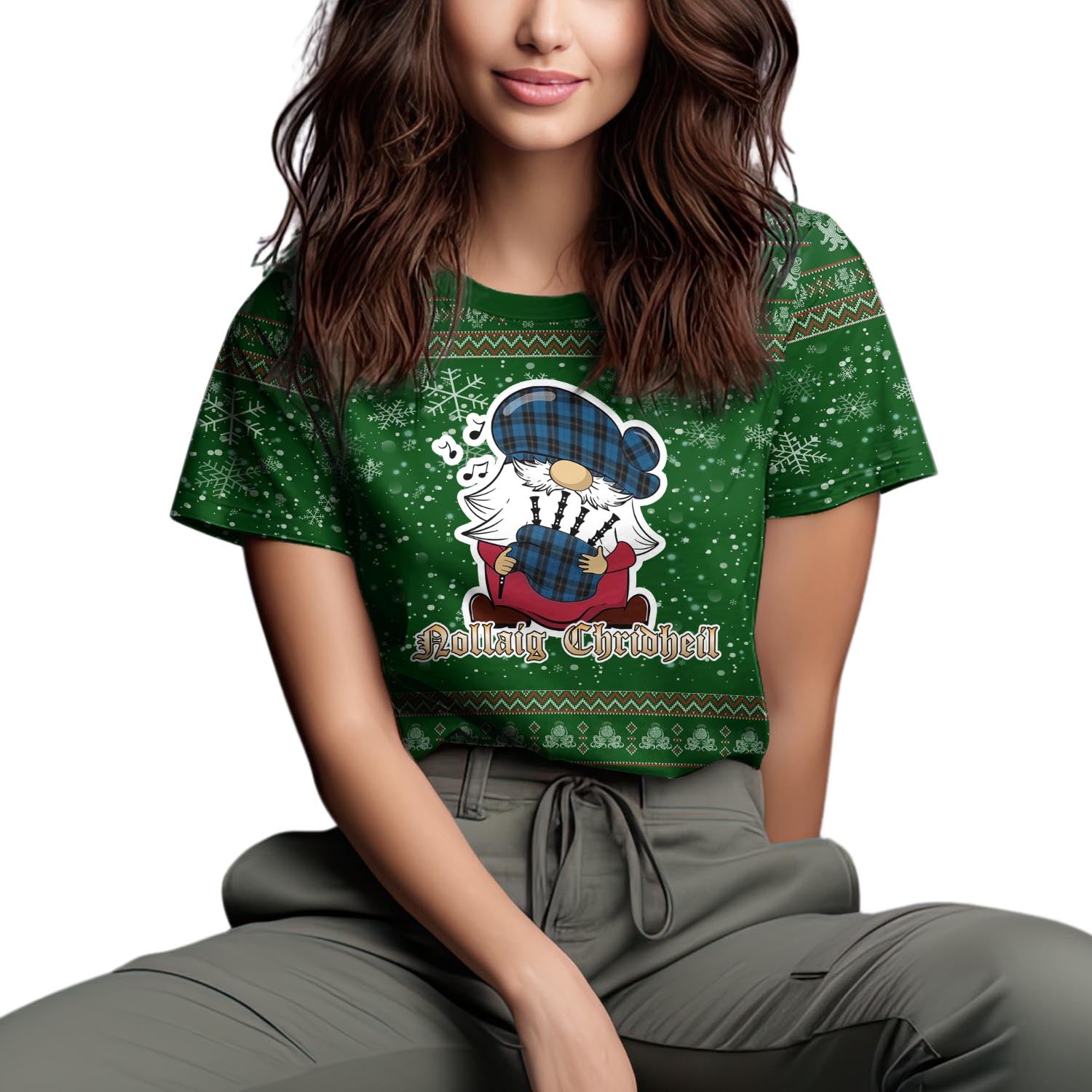 Ramsay Blue Hunting Clan Christmas Family T-Shirt with Funny Gnome Playing Bagpipes Women's Shirt Green - Tartanvibesclothing