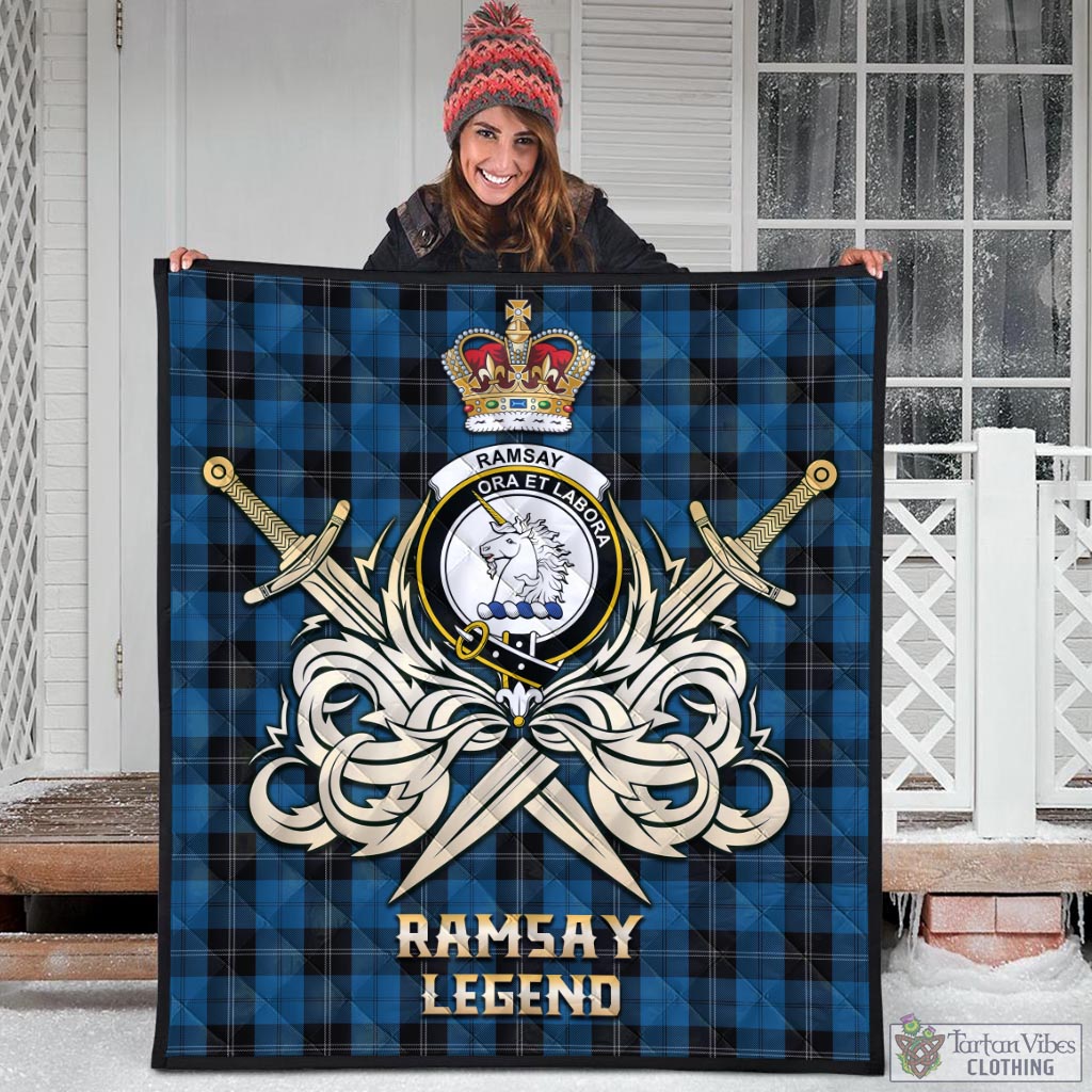 Tartan Vibes Clothing Ramsay Blue Hunting Tartan Quilt with Clan Crest and the Golden Sword of Courageous Legacy