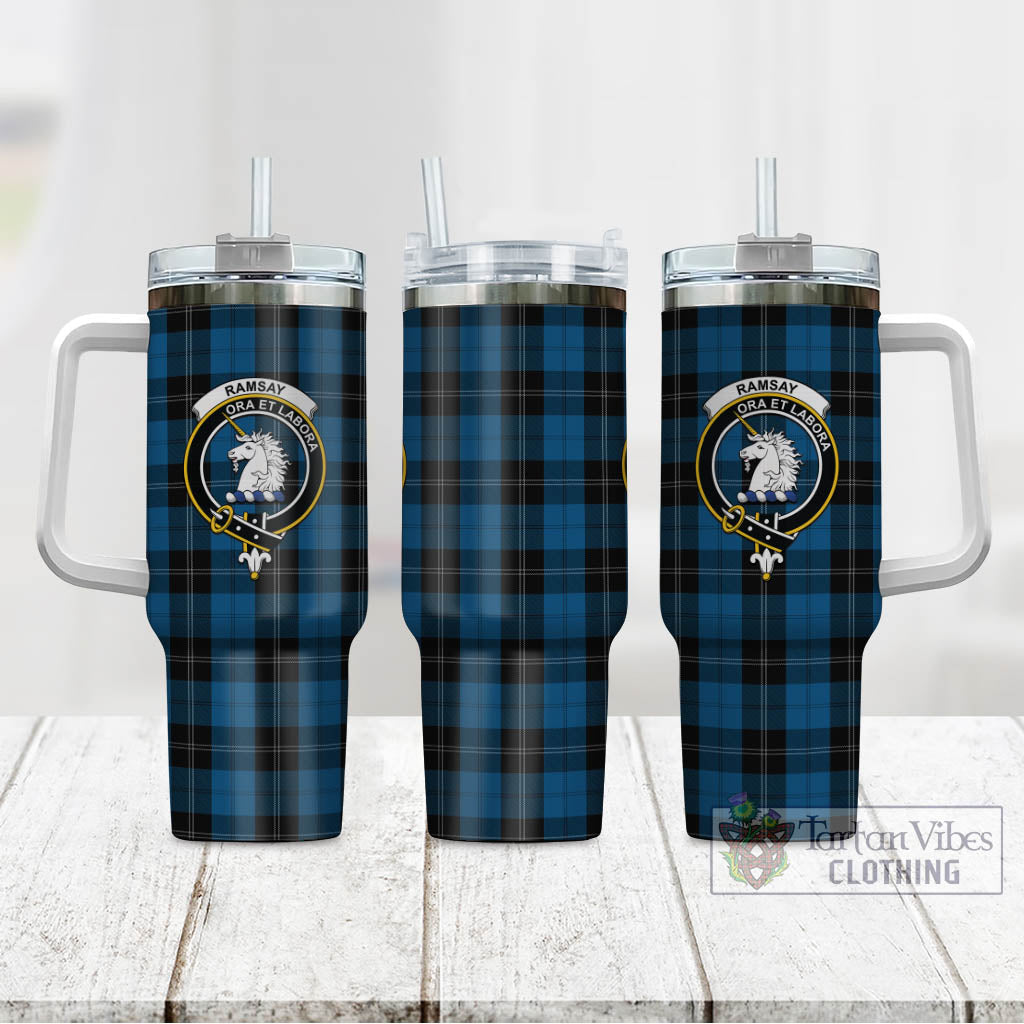 Tartan Vibes Clothing Ramsay Blue Hunting Tartan and Family Crest Tumbler with Handle