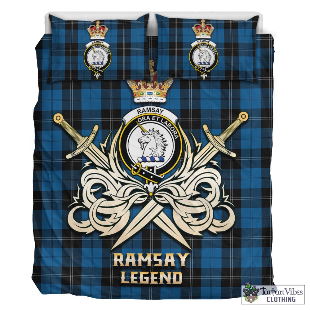 Tartan Vibes Clothing Ramsay Blue Hunting Tartan Bedding Set with Clan Crest and the Golden Sword of Courageous Legacy