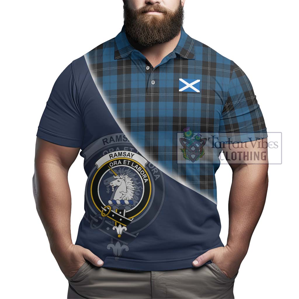 Tartan Vibes Clothing Ramsay Blue Hunting Tartan Polo Shirt with Personalised National Flag and Family Crest Half Style