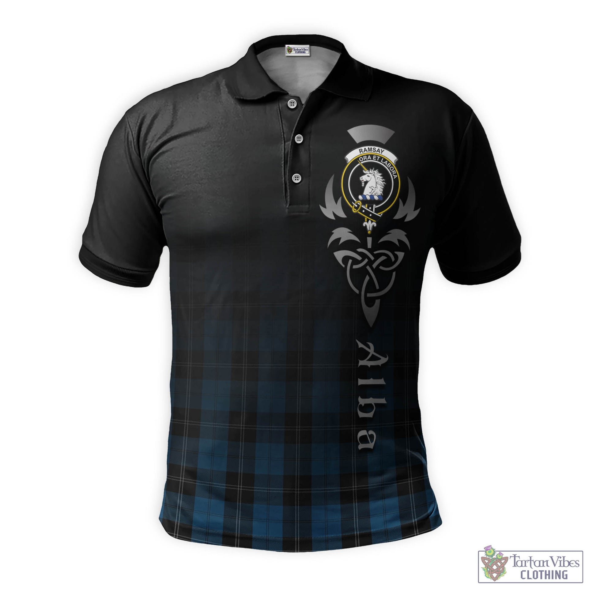 Tartan Vibes Clothing Ramsay Blue Hunting Tartan Polo Shirt Featuring Alba Gu Brath Family Crest Celtic Inspired