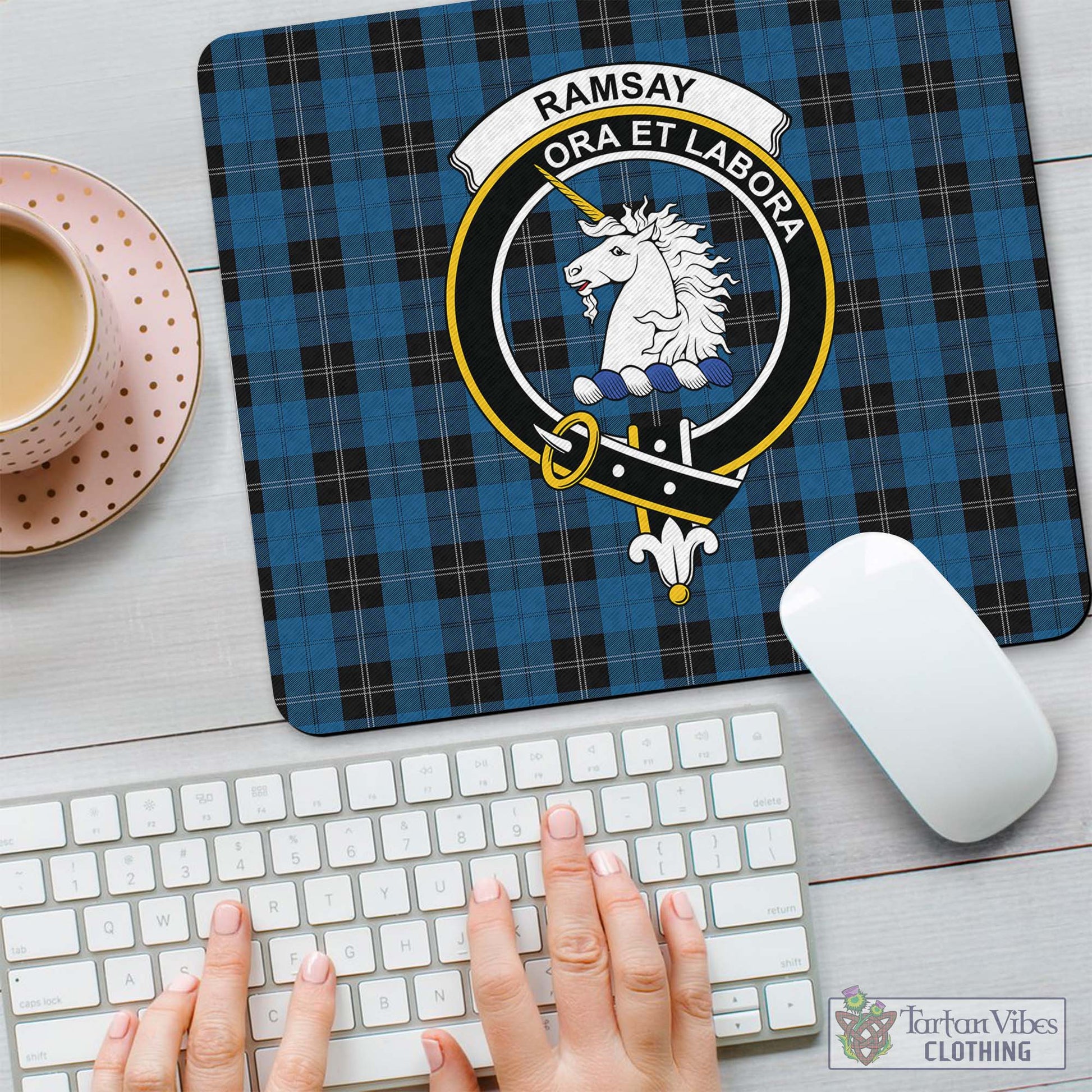 Tartan Vibes Clothing Ramsay Blue Hunting Tartan Mouse Pad with Family Crest