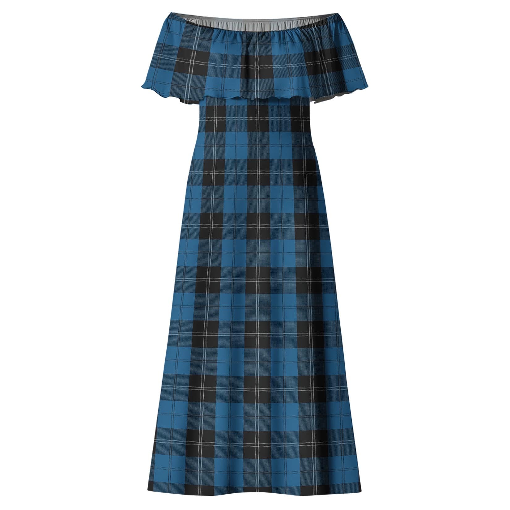 Ramsay Blue Hunting Tartan Off Shoulder Long Dress - Tartanvibesclothing