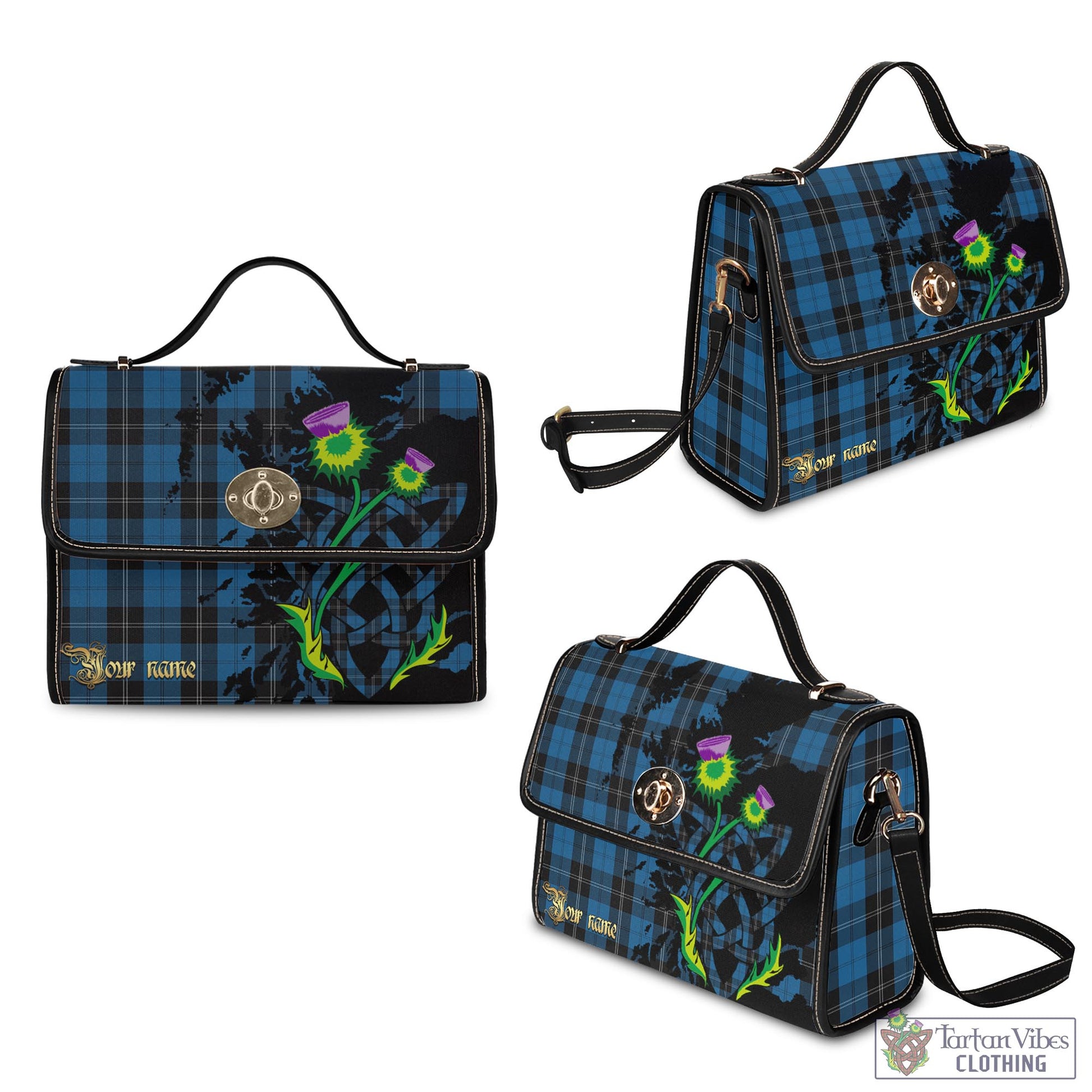 Tartan Vibes Clothing Ramsay Blue Hunting Tartan Waterproof Canvas Bag with Scotland Map and Thistle Celtic Accents