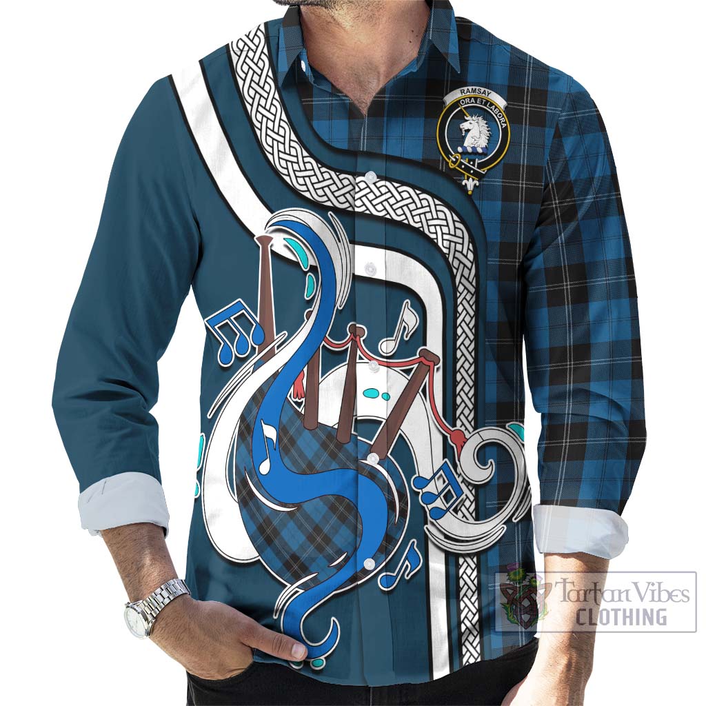 Tartan Vibes Clothing Ramsay Blue Hunting Tartan Long Sleeve Button Shirt with Epic Bagpipe Style