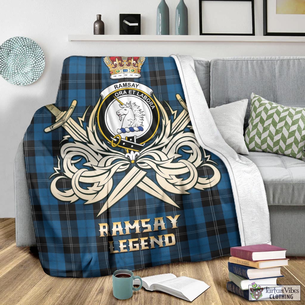 Tartan Vibes Clothing Ramsay Blue Hunting Tartan Blanket with Clan Crest and the Golden Sword of Courageous Legacy