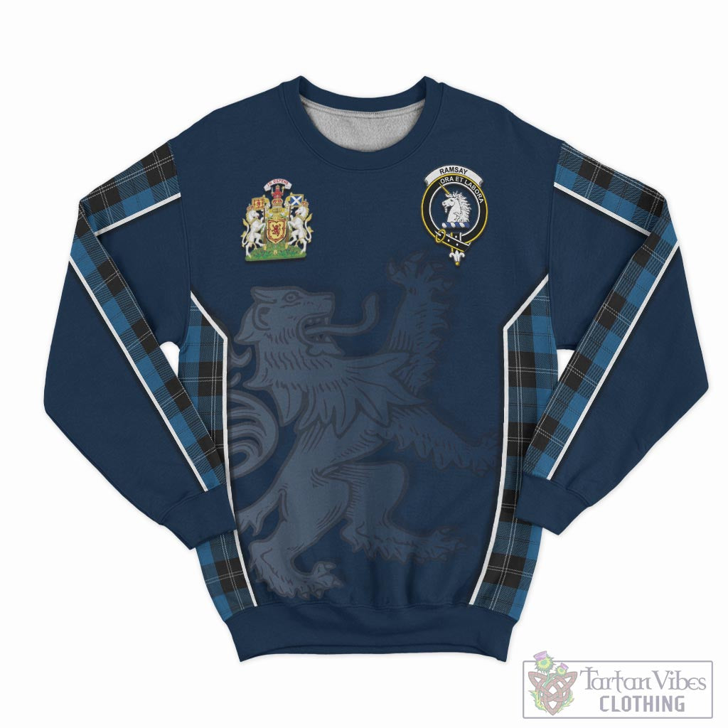 Tartan Vibes Clothing Ramsay Blue Hunting Tartan Sweater with Family Crest and Lion Rampant Vibes Sport Style