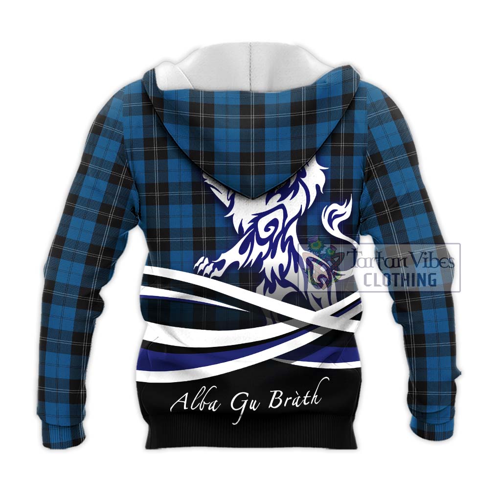 Tartan Vibes Clothing Ramsay Blue Hunting Tartan Knitted Hoodie with Alba Gu Brath Regal Lion Emblem