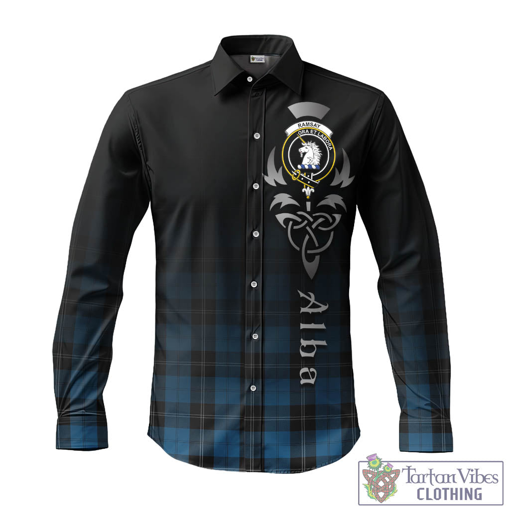 Tartan Vibes Clothing Ramsay Blue Hunting Tartan Long Sleeve Button Up Featuring Alba Gu Brath Family Crest Celtic Inspired