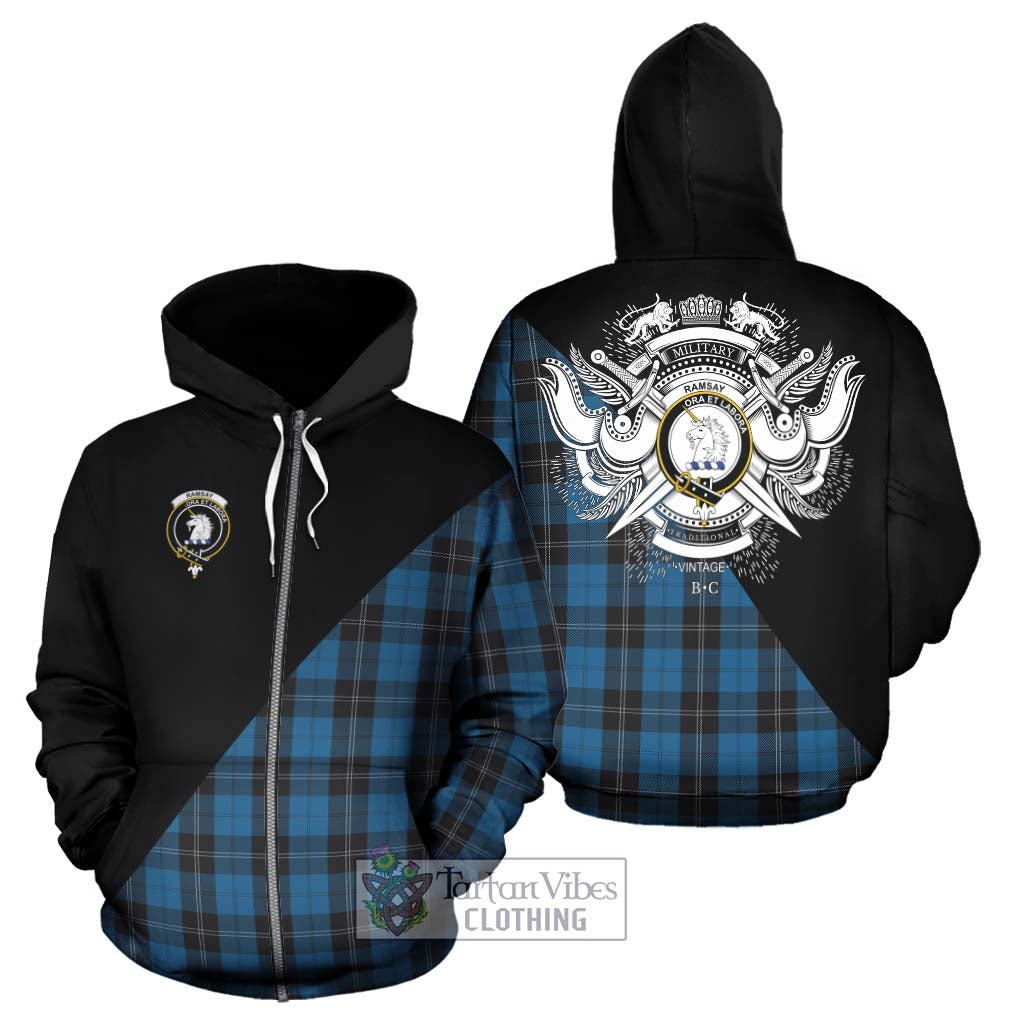 Tartan Vibes Clothing Ramsay Blue Hunting Tartan Hoodie with Family Crest and Military Logo Style