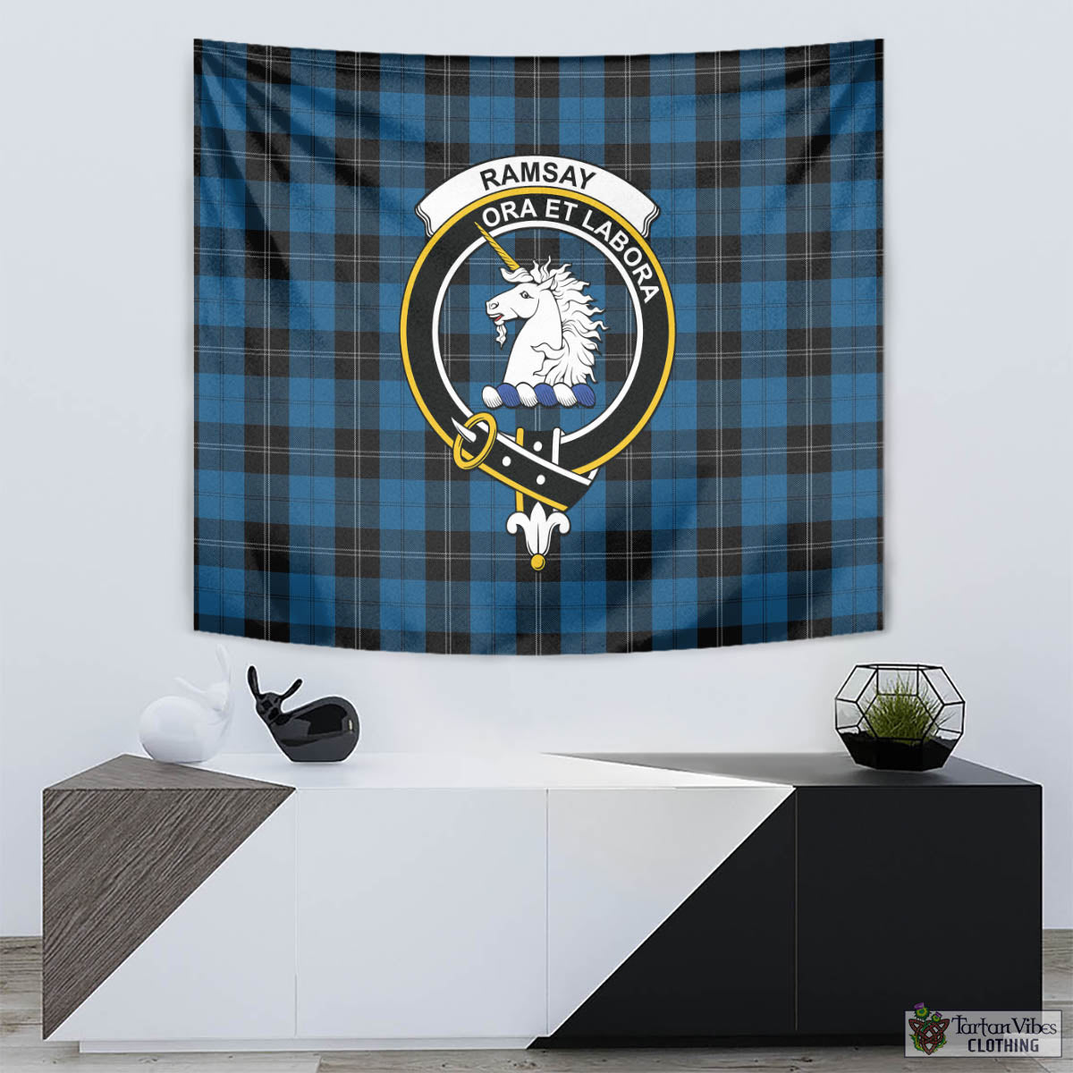 Tartan Vibes Clothing Ramsay Blue Hunting Tartan Tapestry Wall Hanging and Home Decor for Room with Family Crest