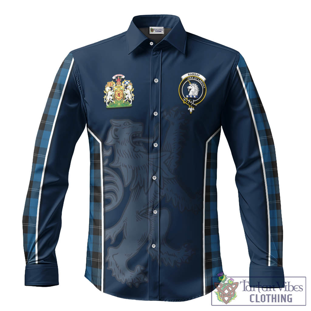 Ramsay Blue Hunting Tartan Long Sleeve Button Up Shirt with Family Crest and Lion Rampant Vibes Sport Style