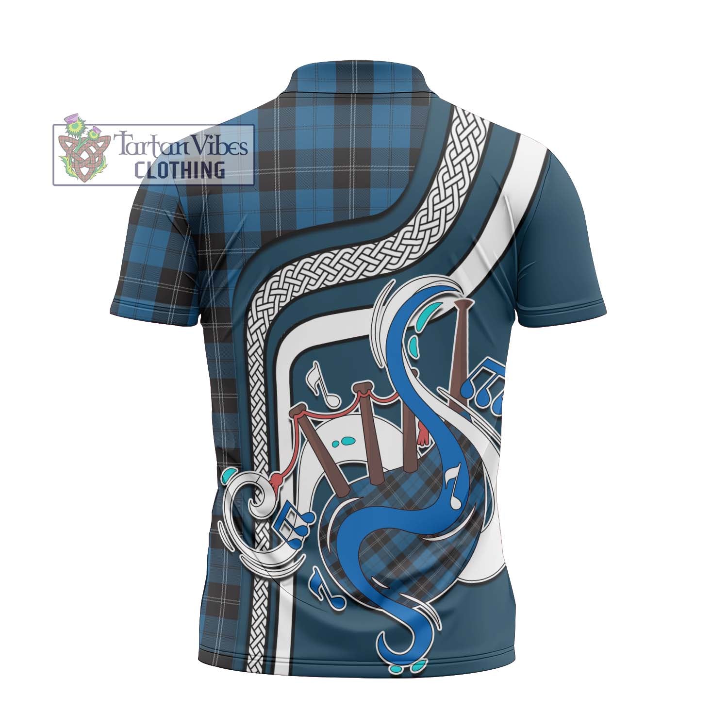 Tartan Vibes Clothing Ramsay Blue Hunting Tartan Zipper Polo Shirt with Epic Bagpipe Style