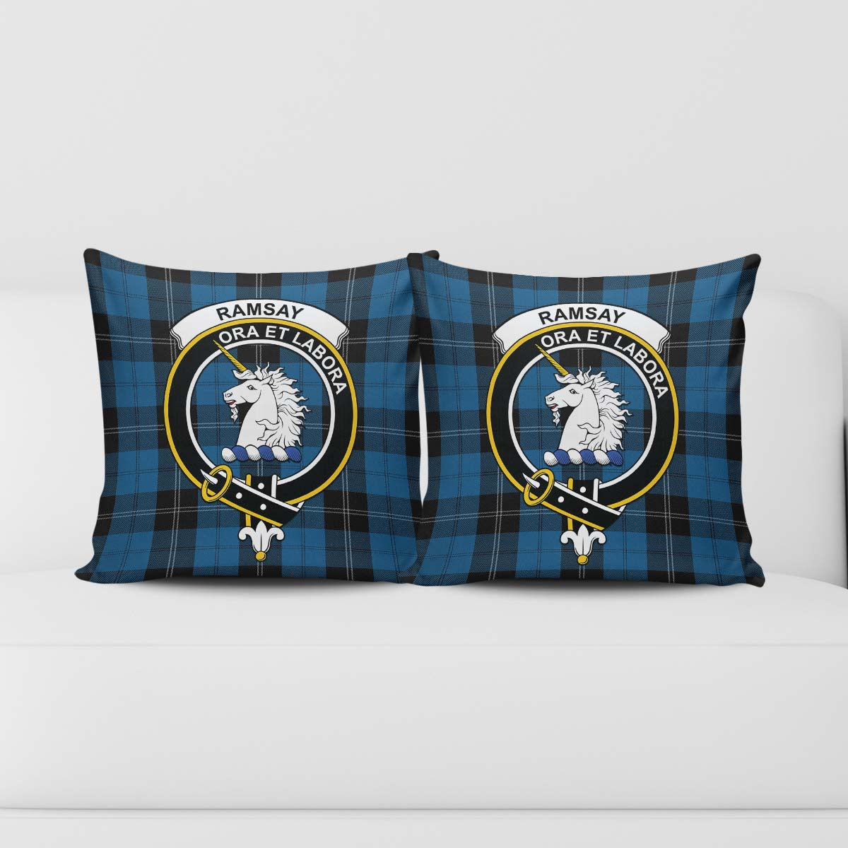 Ramsay Blue Hunting Tartan Pillow Cover with Family Crest - Tartanvibesclothing