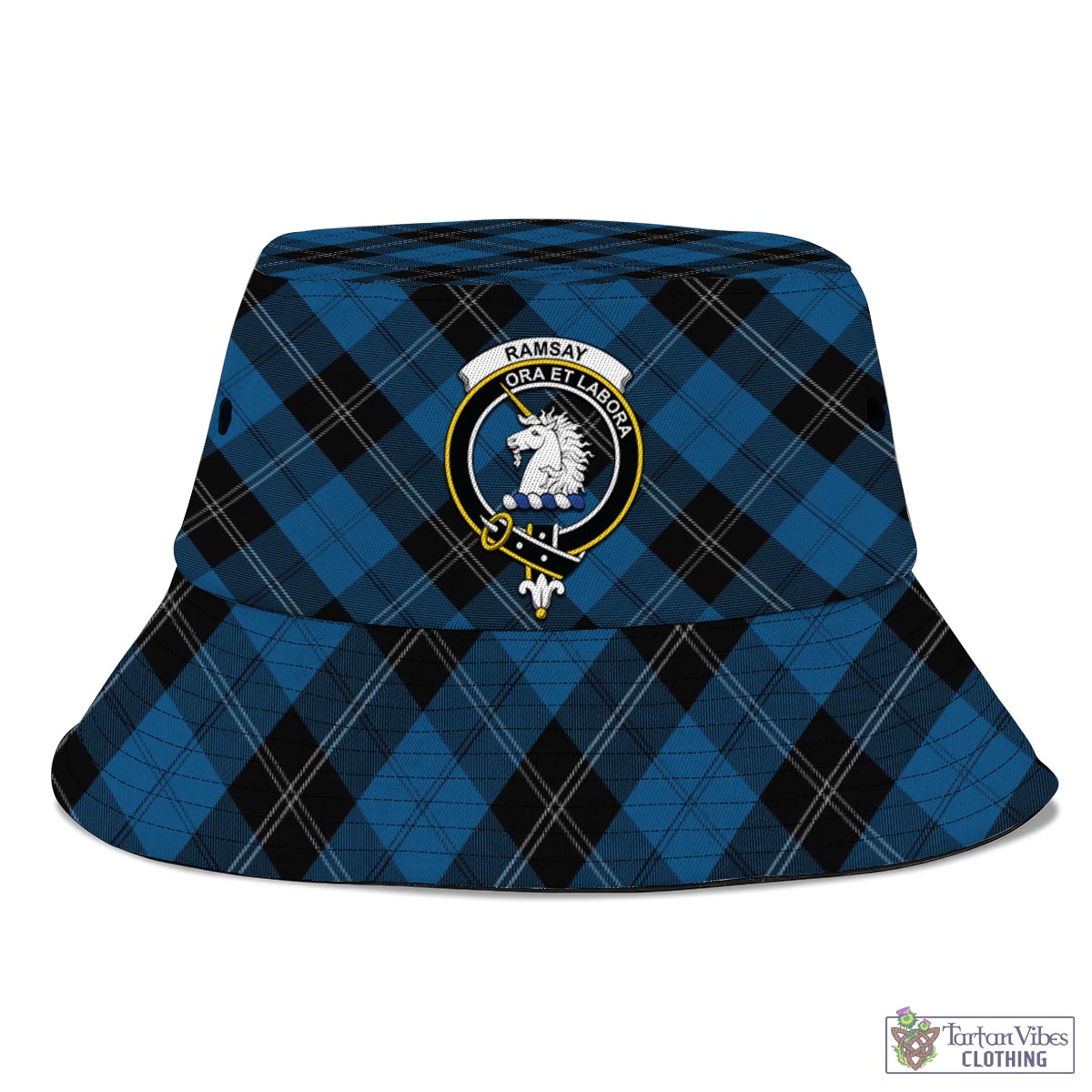 Tartan Vibes Clothing Ramsay Blue Hunting Tartan Bucket Hat with Family Crest