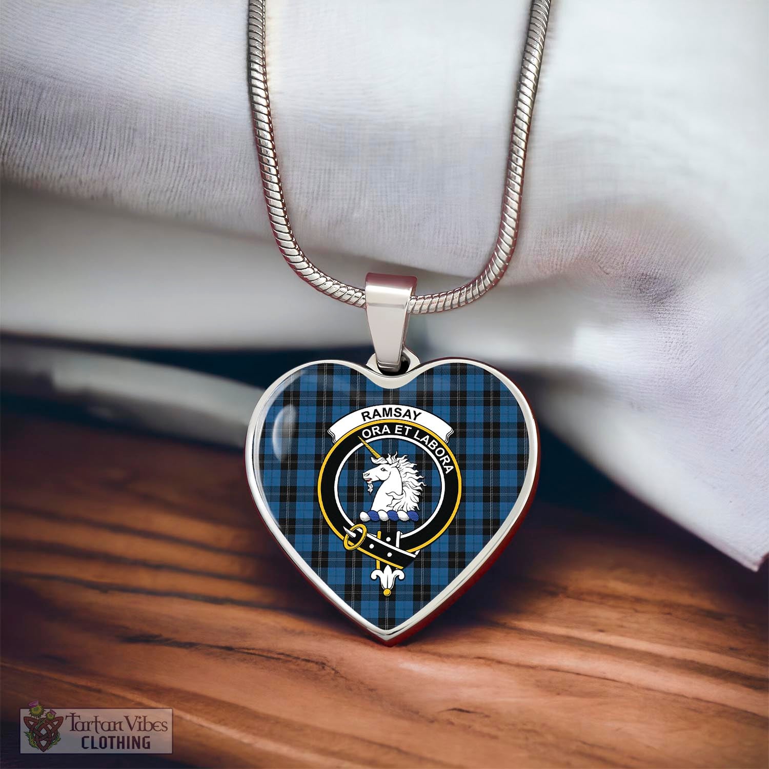 Tartan Vibes Clothing Ramsay Blue Hunting Tartan Heart Necklace with Family Crest