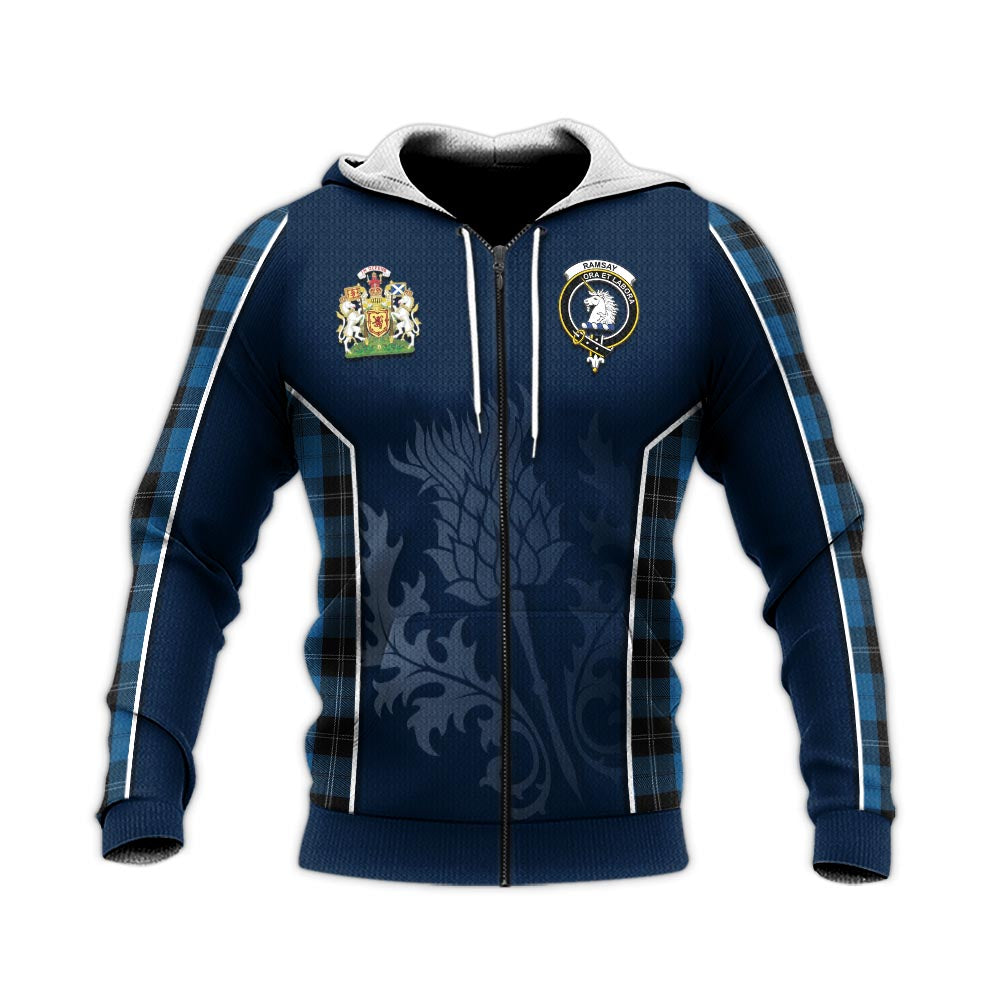 Tartan Vibes Clothing Ramsay Blue Hunting Tartan Knitted Hoodie with Family Crest and Scottish Thistle Vibes Sport Style