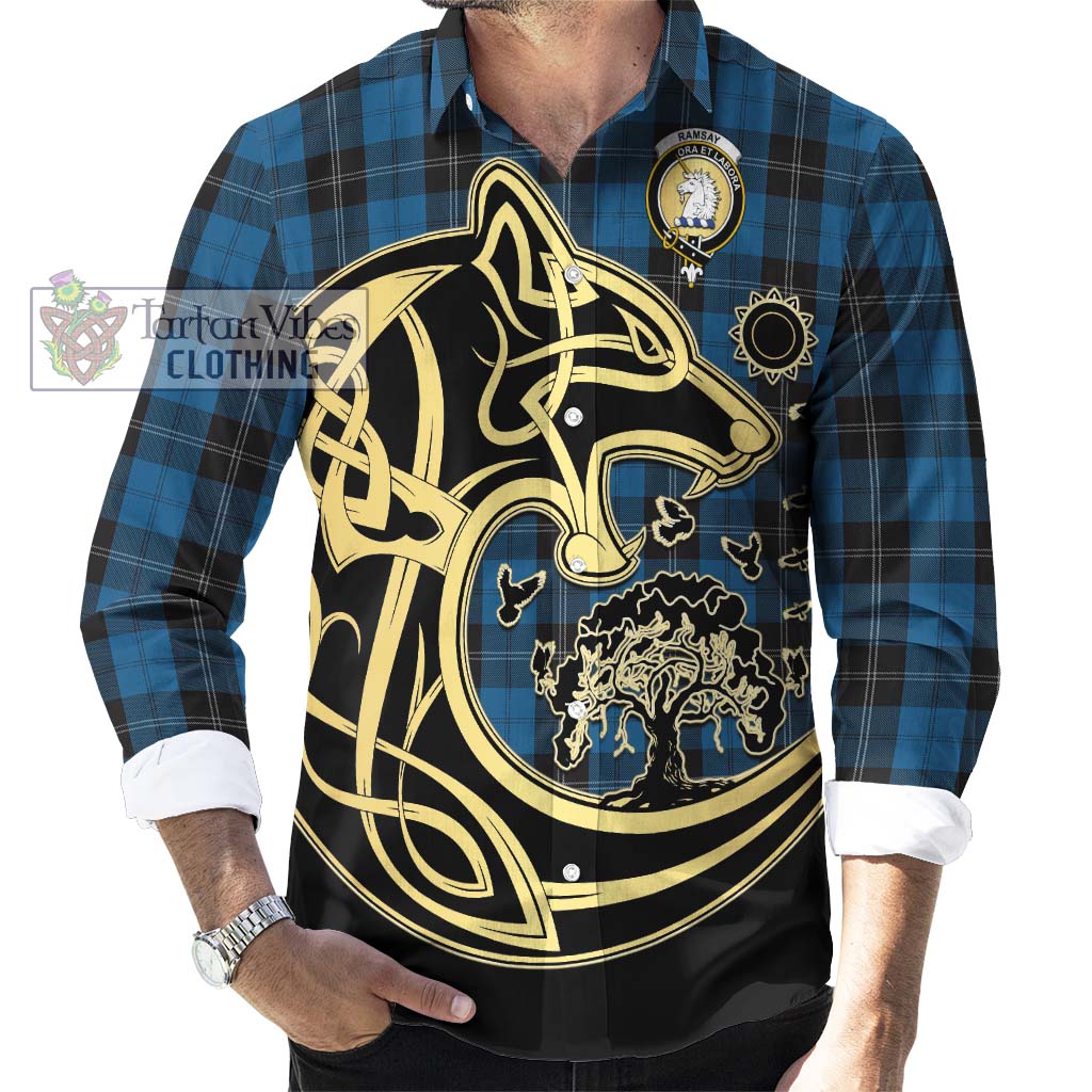 Tartan Vibes Clothing Ramsay Blue Hunting Tartan Long Sleeve Button Shirt with Family Crest Celtic Wolf Style