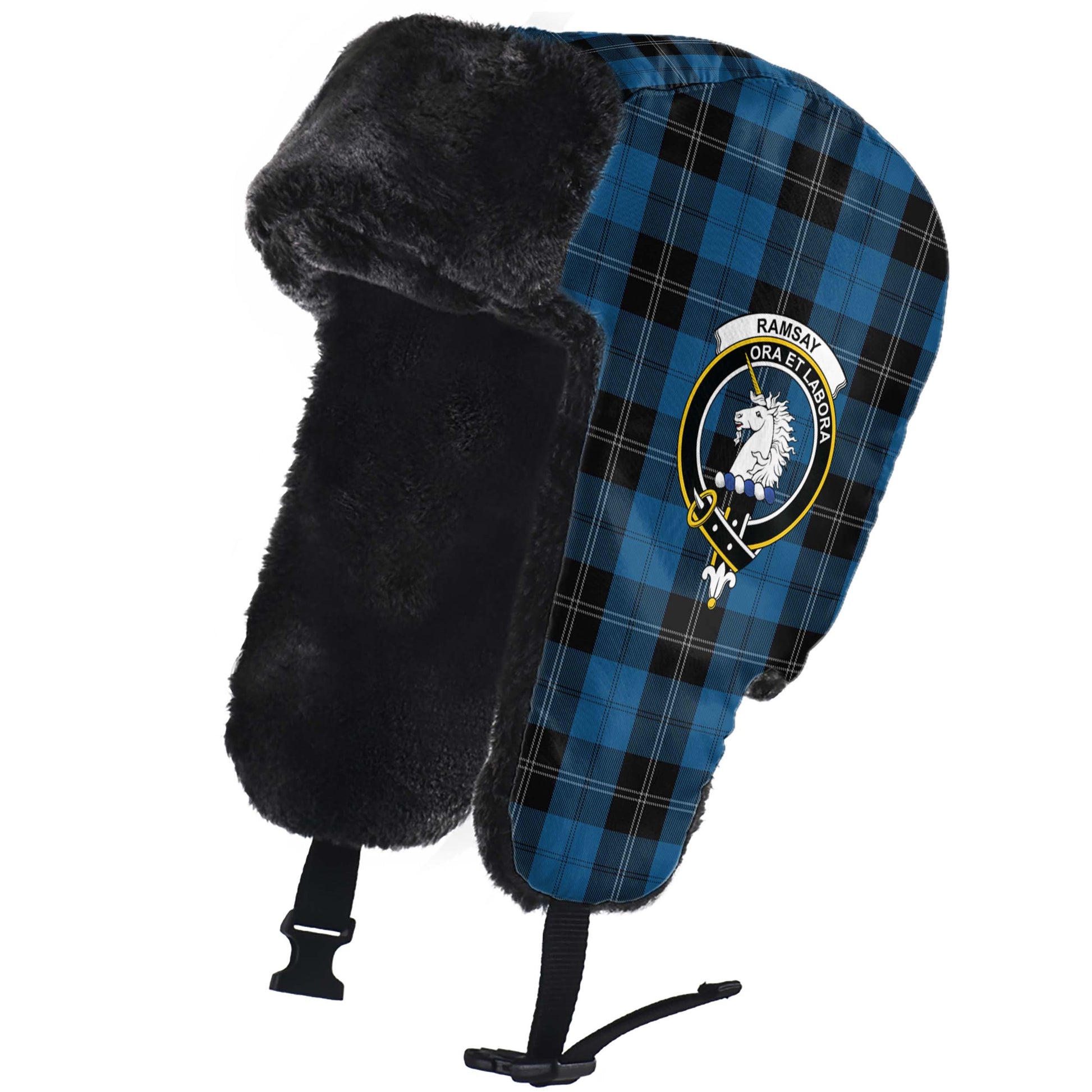 Ramsay Blue Hunting Tartan Winter Trapper Hat with Family Crest - Tartanvibesclothing