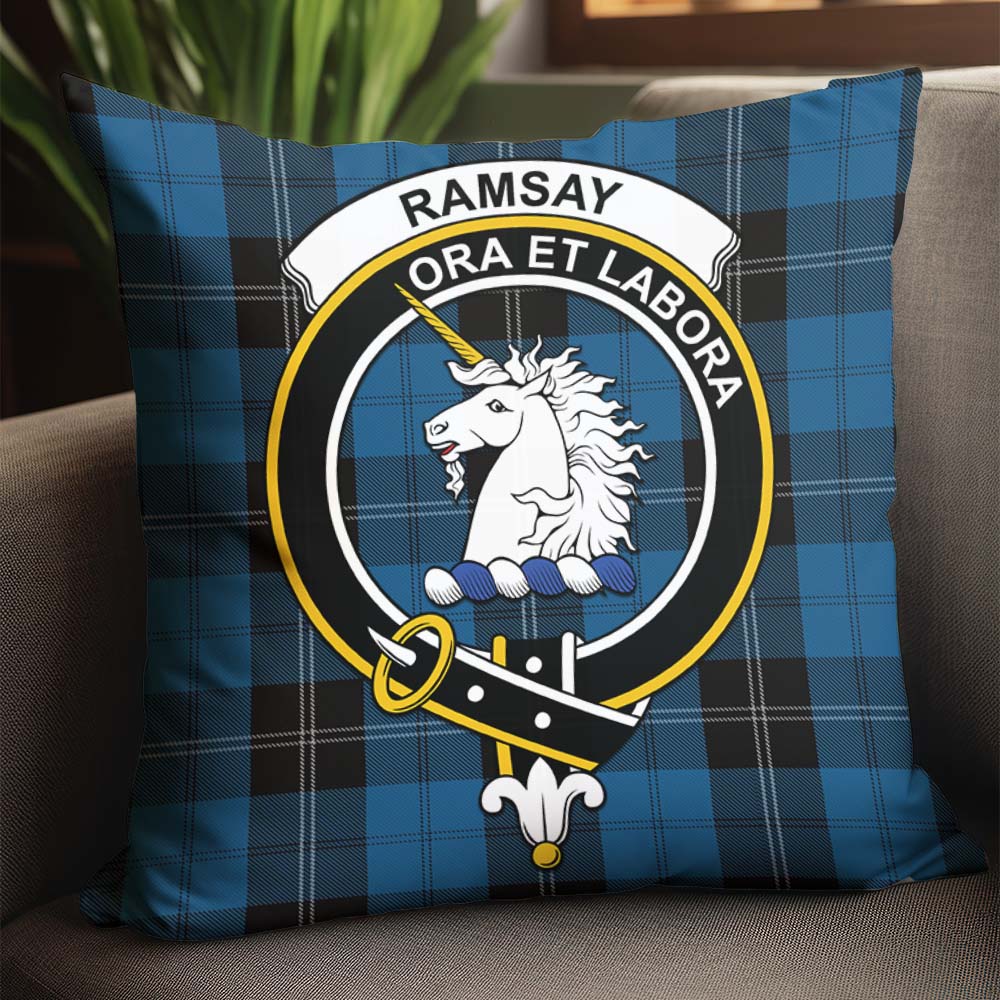 Ramsay Blue Hunting Tartan Pillow Cover with Family Crest - Tartanvibesclothing