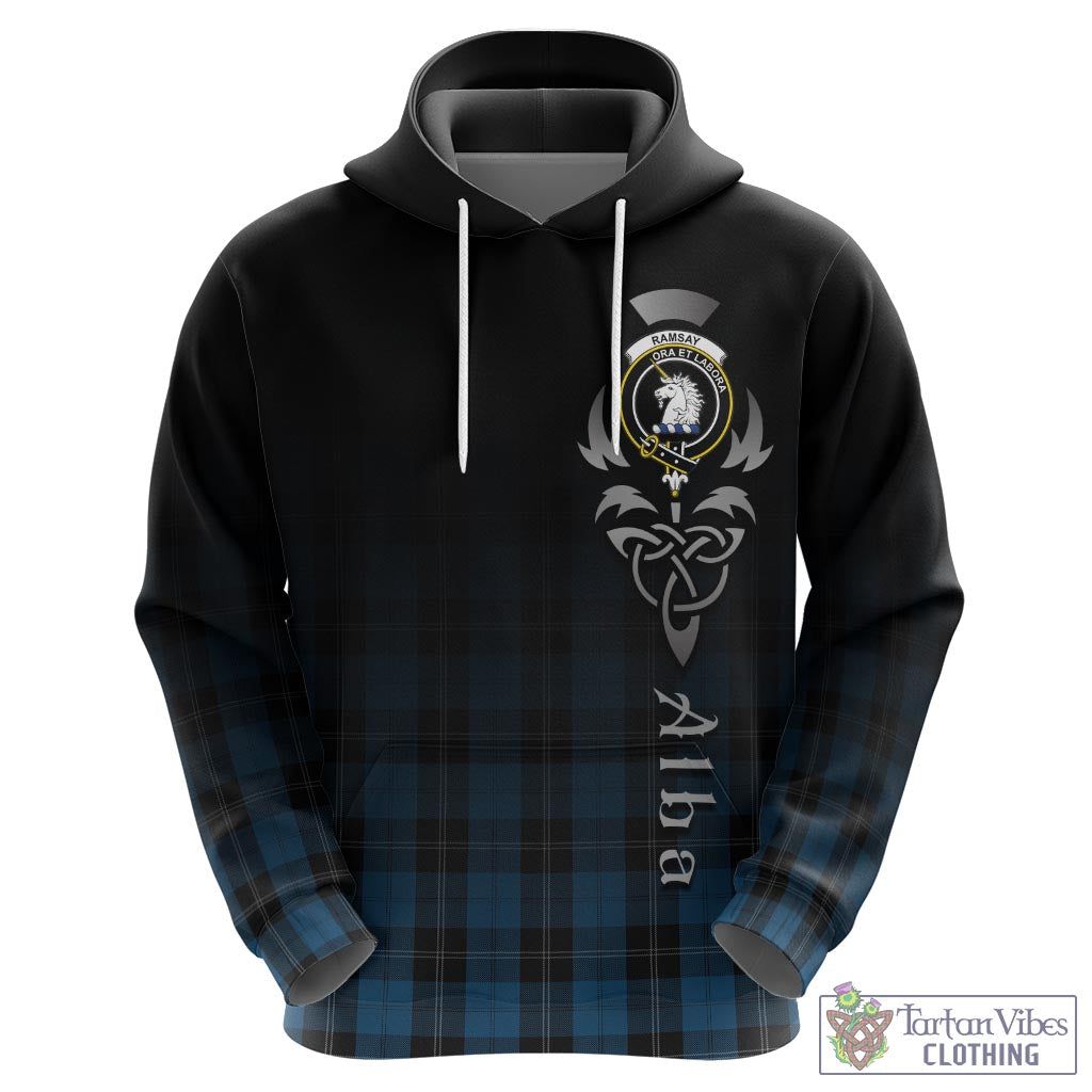 Tartan Vibes Clothing Ramsay Blue Hunting Tartan Hoodie Featuring Alba Gu Brath Family Crest Celtic Inspired