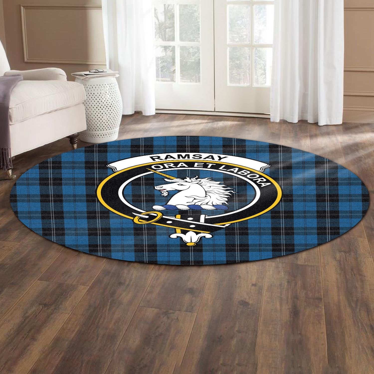 ramsay-blue-hunting-tartan-round-rug-with-family-crest