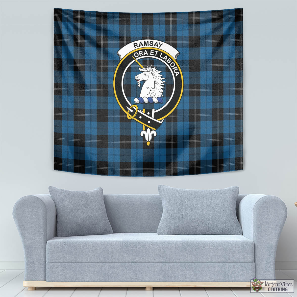 Tartan Vibes Clothing Ramsay Blue Hunting Tartan Tapestry Wall Hanging and Home Decor for Room with Family Crest