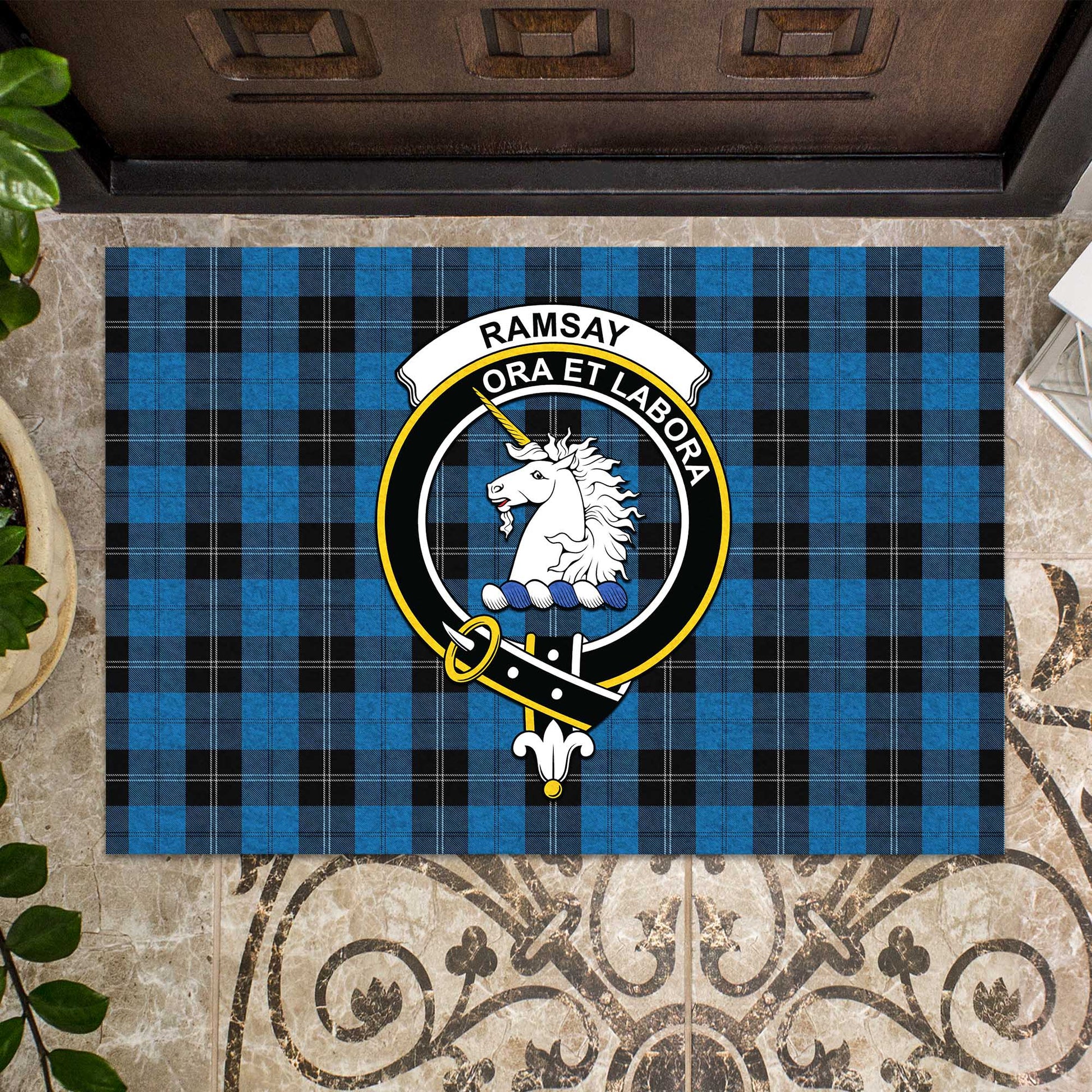 Ramsay Blue Hunting Tartan Door Mat with Family Crest - Tartanvibesclothing