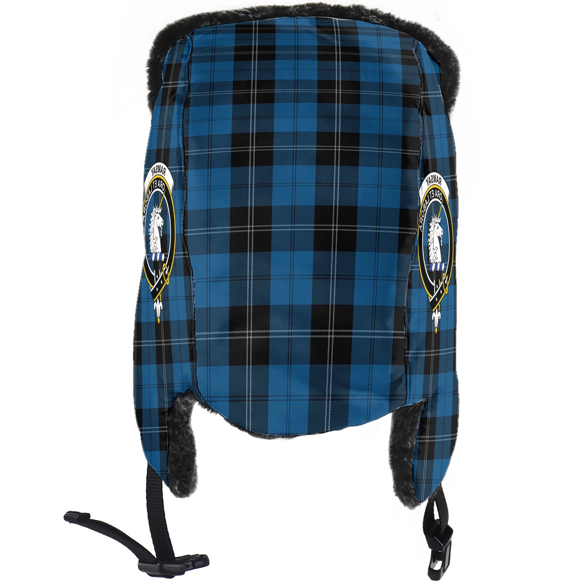 Ramsay Blue Hunting Tartan Winter Trapper Hat with Family Crest - Tartanvibesclothing