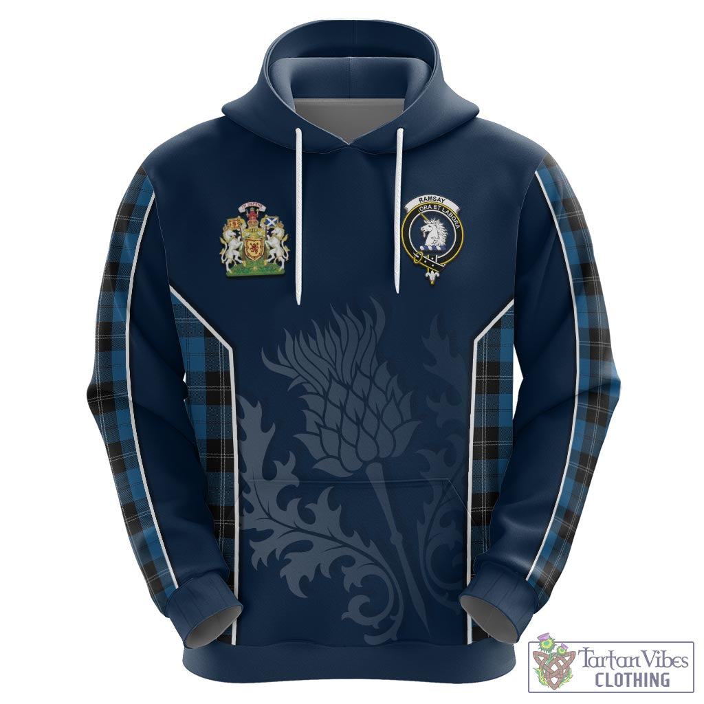 Tartan Vibes Clothing Ramsay Blue Hunting Tartan Hoodie with Family Crest and Scottish Thistle Vibes Sport Style