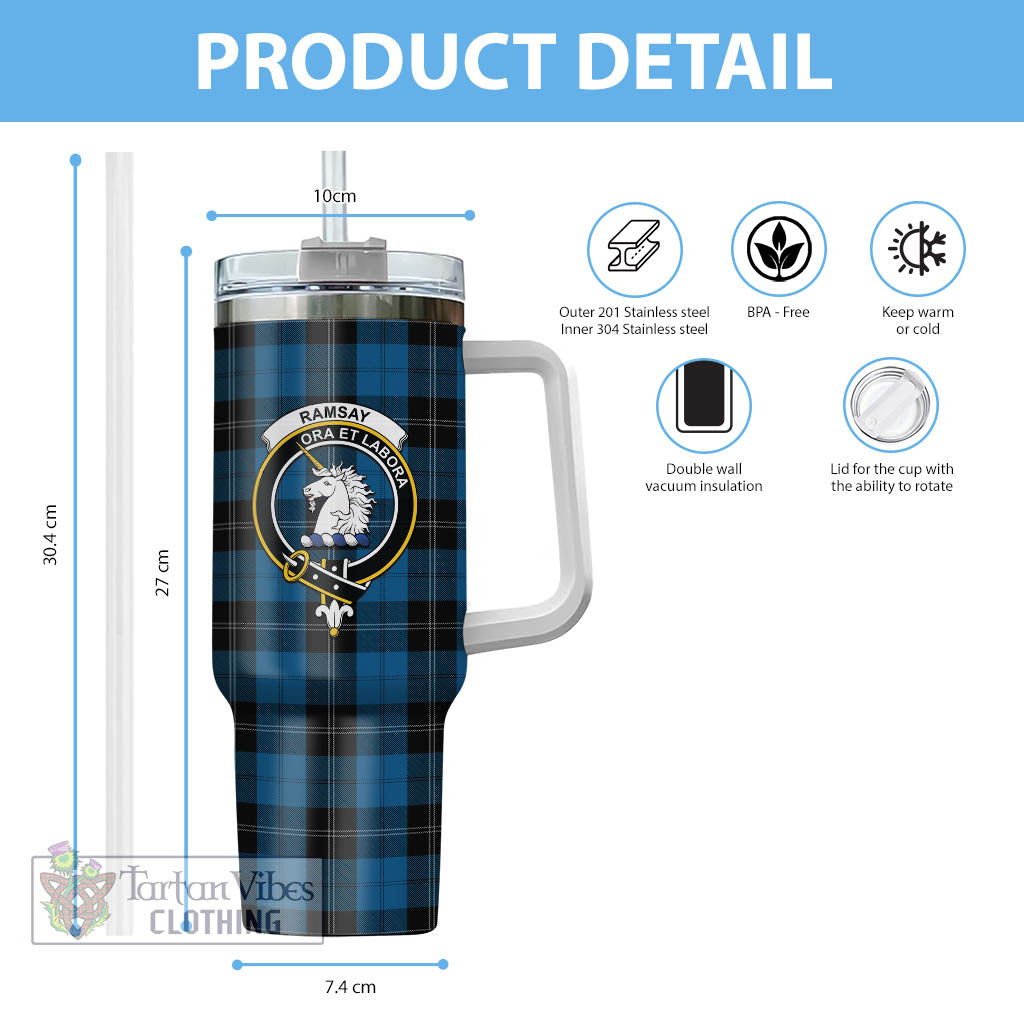 Tartan Vibes Clothing Ramsay Blue Hunting Tartan and Family Crest Tumbler with Handle