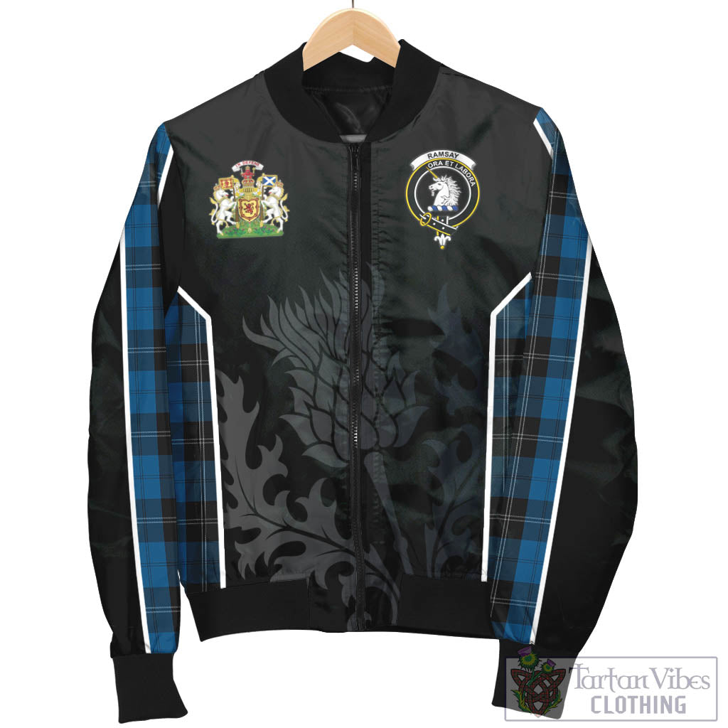 Tartan Vibes Clothing Ramsay Blue Hunting Tartan Bomber Jacket with Family Crest and Scottish Thistle Vibes Sport Style