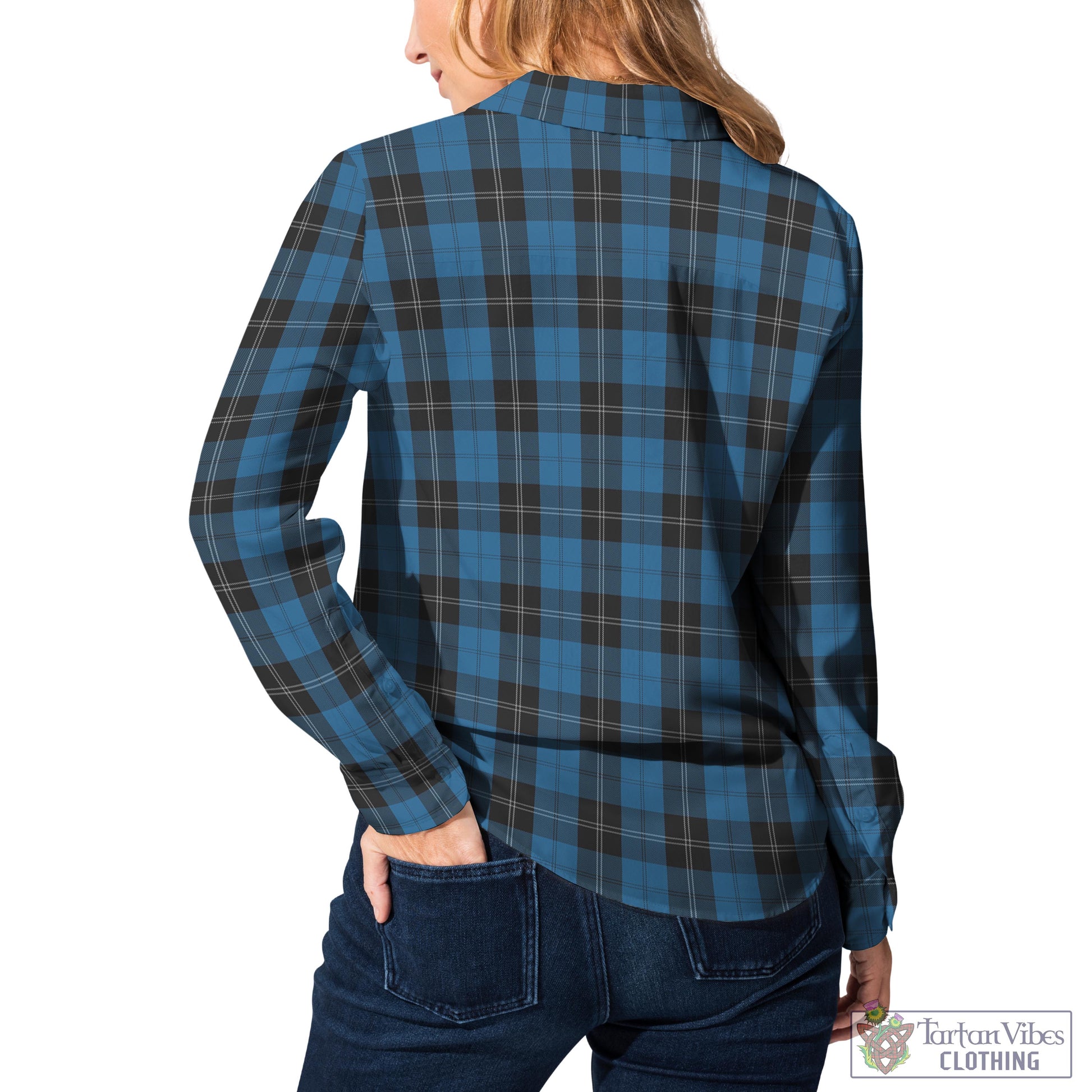 Tartan Vibes Clothing Ramsay Blue Hunting Tartan Womens Casual Shirt with Family Crest
