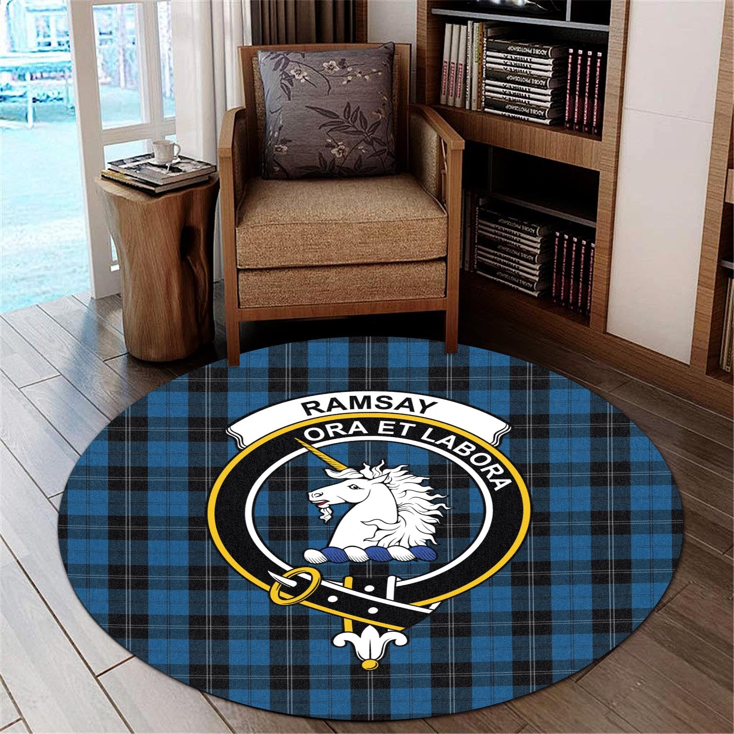 ramsay-blue-hunting-tartan-round-rug-with-family-crest