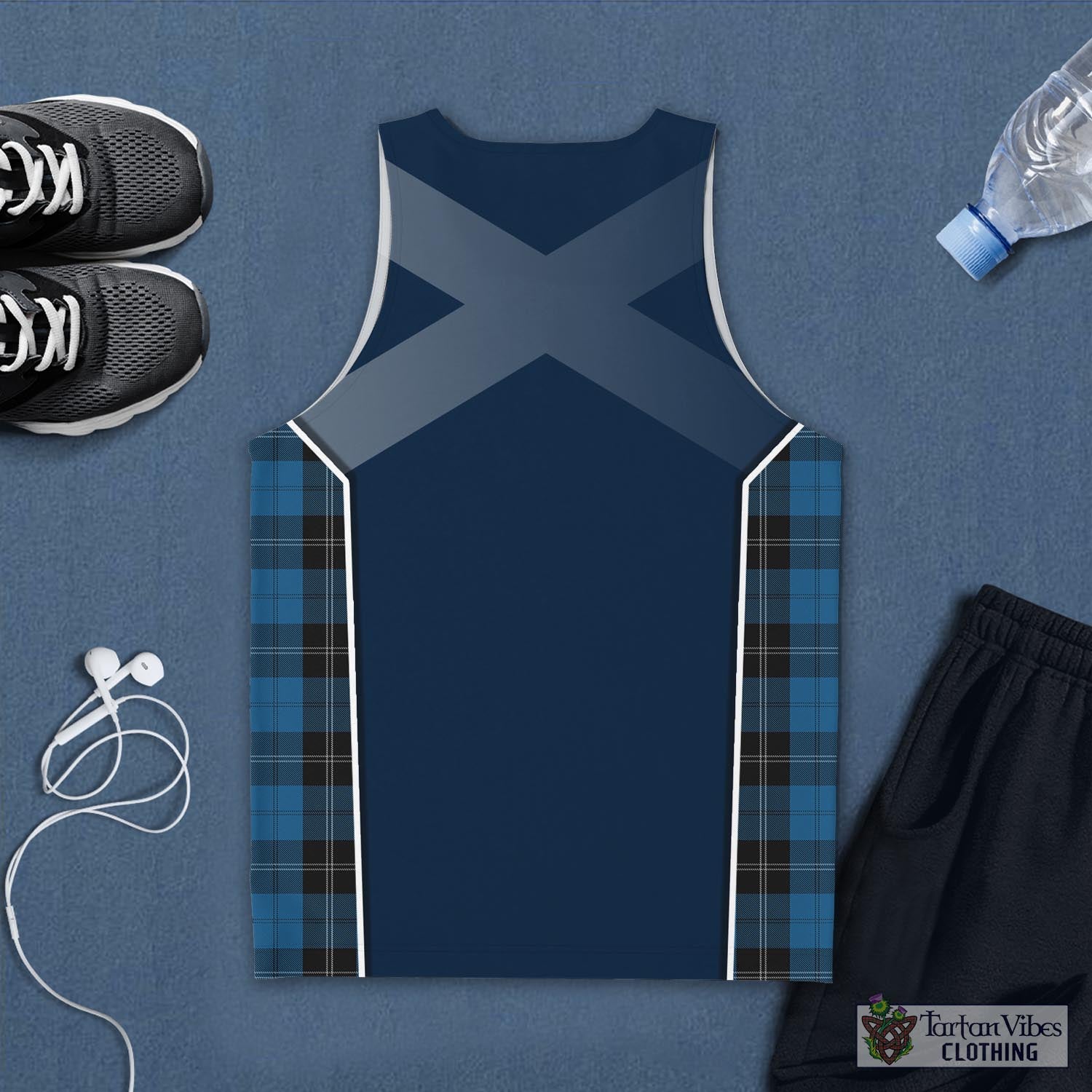 Tartan Vibes Clothing Ramsay Blue Hunting Tartan Men's Tanks Top with Family Crest and Scottish Thistle Vibes Sport Style