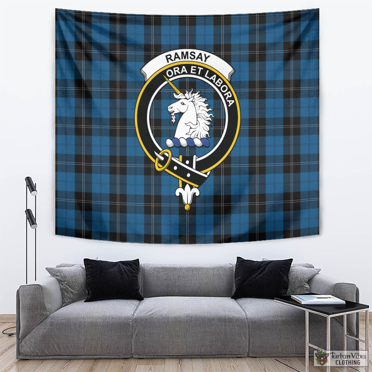 Tartan Vibes Clothing Ramsay Blue Hunting Tartan Tapestry Wall Hanging and Home Decor for Room with Family Crest