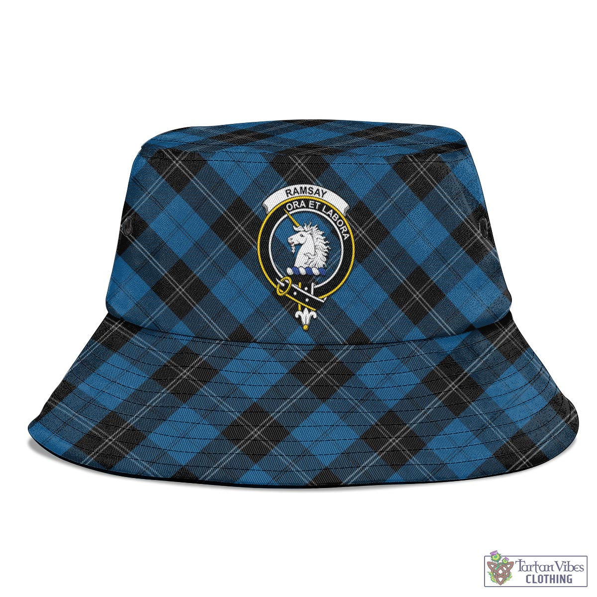 Tartan Vibes Clothing Ramsay Blue Hunting Tartan Bucket Hat with Family Crest