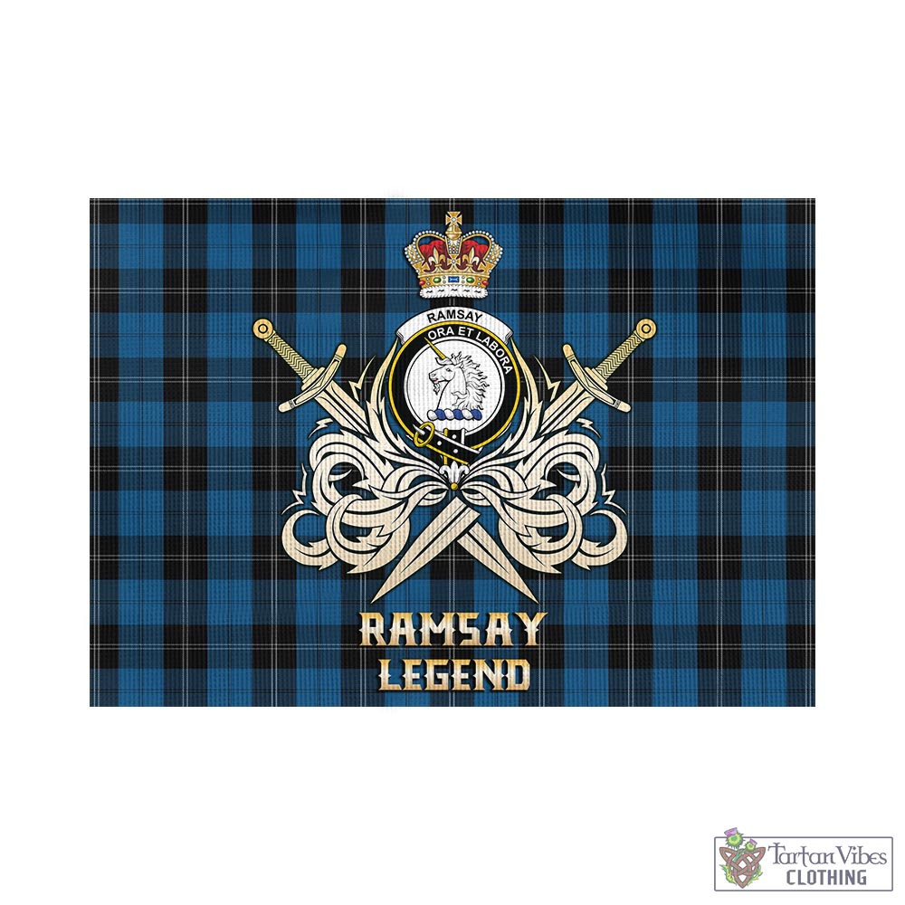 Tartan Vibes Clothing Ramsay Blue Hunting Tartan Flag with Clan Crest and the Golden Sword of Courageous Legacy