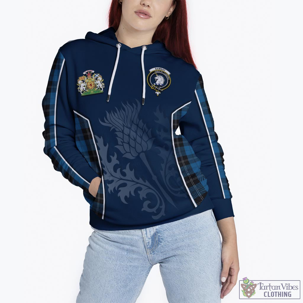 Tartan Vibes Clothing Ramsay Blue Hunting Tartan Hoodie with Family Crest and Scottish Thistle Vibes Sport Style